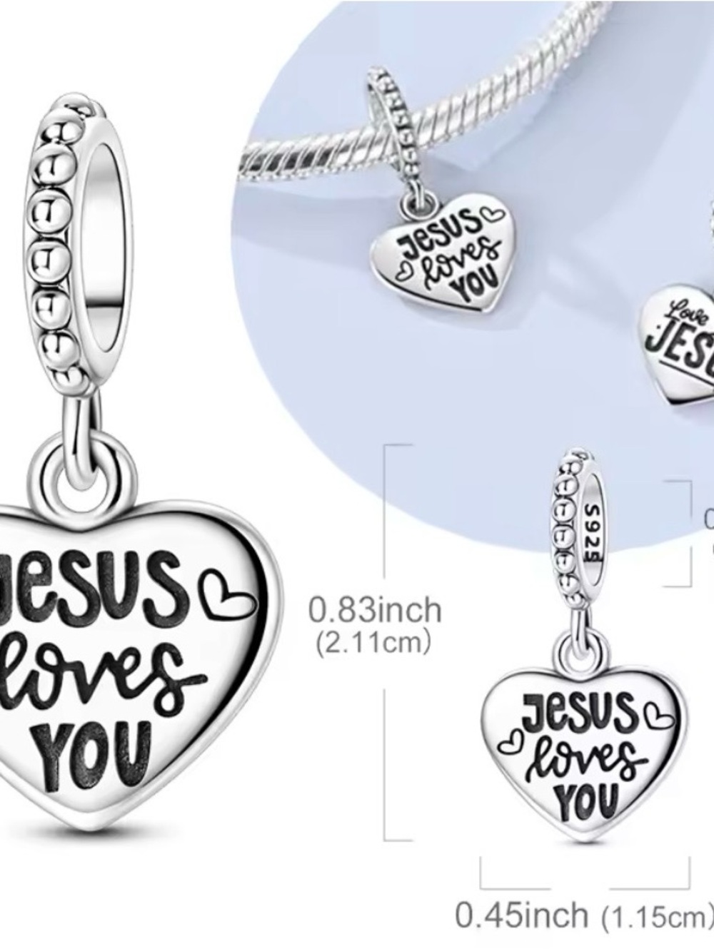 Silver Heart Charm Bracelet Pendant - Jesus Loves You